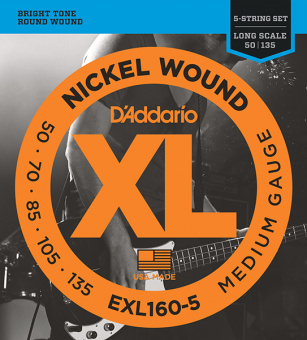 EXL160-5 XL NICKEL WOUND Струны для 5-струнной бас-гитары 5-string Long Medium 50-135 D'Addario